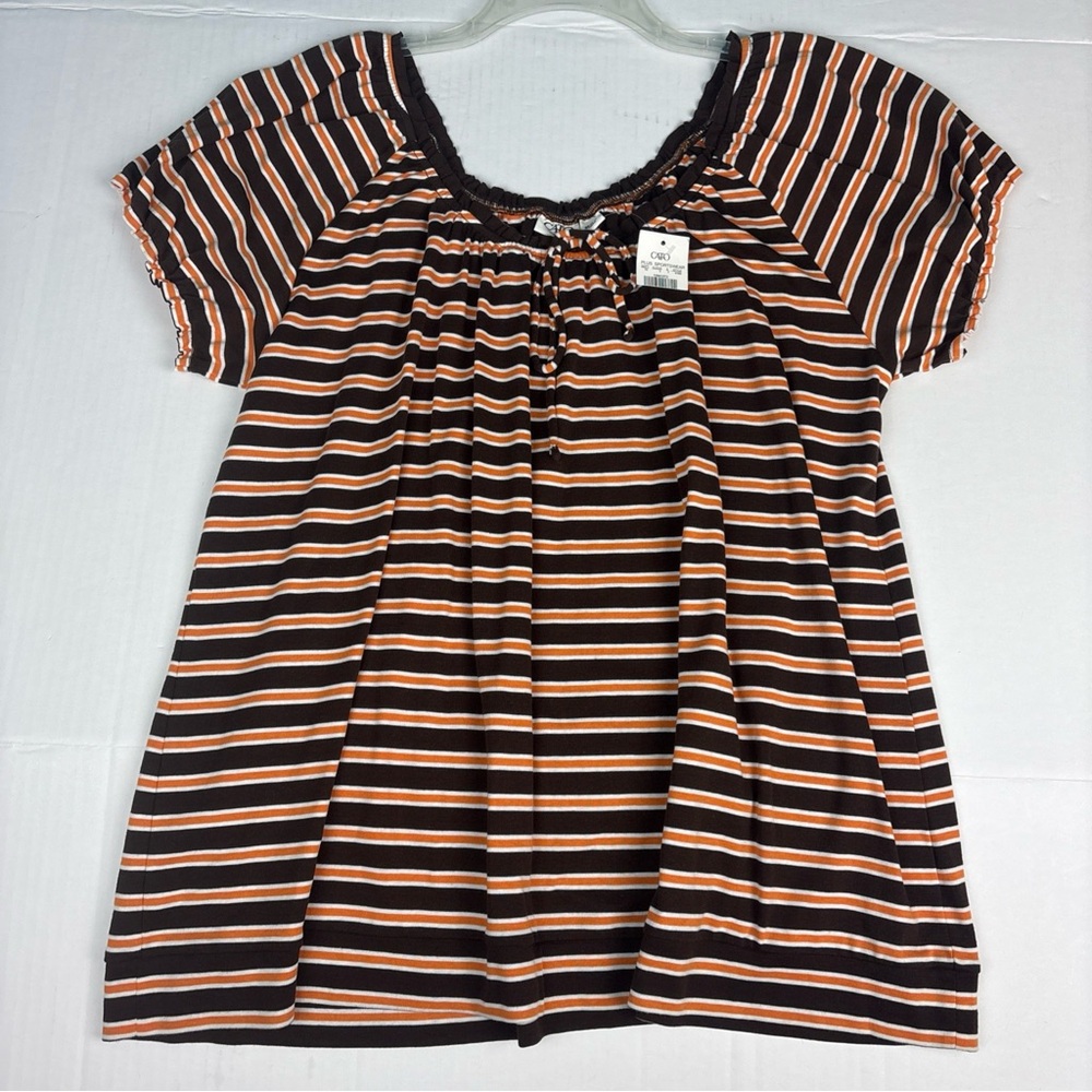 Cato Women's 22W 24W Shirt Orange Brown White Stripes Babydoll Peasant New Tags